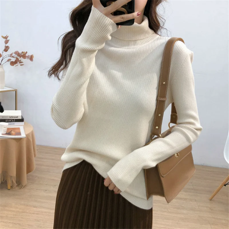 Autumn Winter Korean Simple Turtleneck All Match Rib Knit Sweater Women Casual Solid Loose Long Sleeve Basic Top Female Clothing