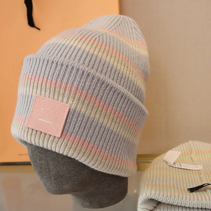 USPOP 2022 New Winter Hat Thick Warm Kintted Hats Striped Beanies Women Wool Hat