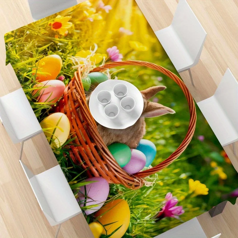 1PC Easter Bunny & Egg Tablecloth - Polyester, Rectangular, Perfect for Holiday Parties & Home Decor