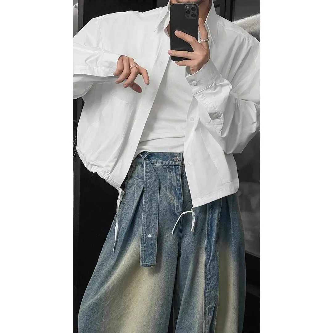 Large Size 300 Pounds Short Shirt Jacket Men's Spring Autumn New Drawstring Hem Outerwear Versatile Simple Style Youth Trend