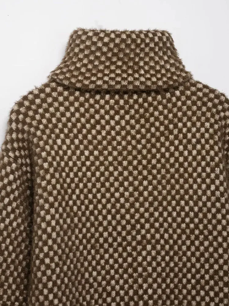 HH Women Elegant Lapel Long Sleeve Artificial Fur Effect Stitching Knitted Bomber Jacket Female Versatile Zipper Pocket Jacket