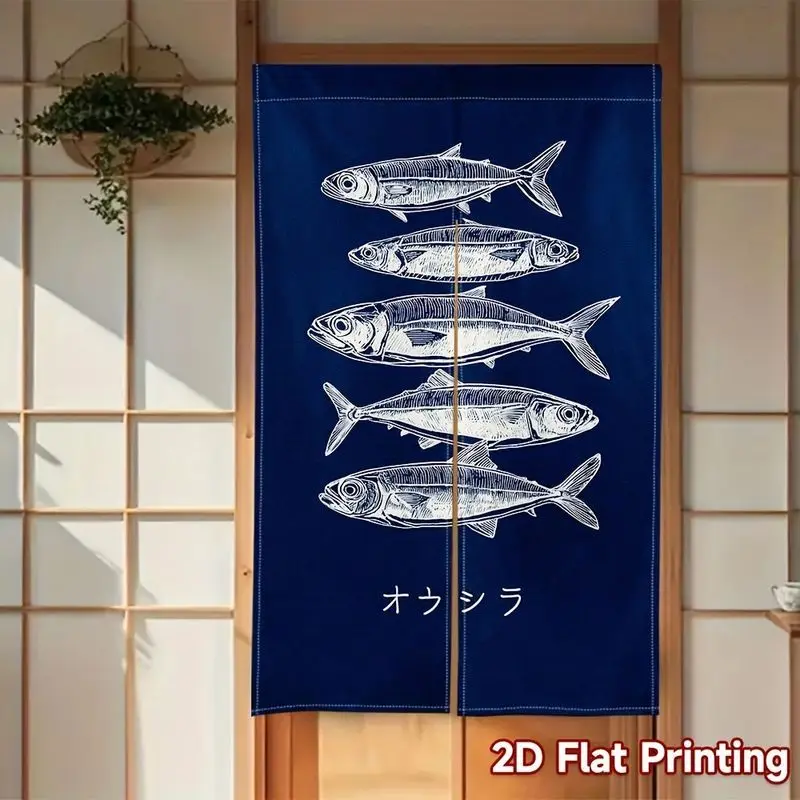 VIKAMA Navy Blue Hand Drawn Fish Doorway Curtain Japanese Katakana Print Noren Curtain Izakaya Seafood Shop Hanging Curtain