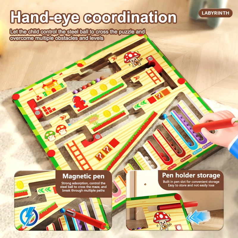 Labirinto de bola magnética para crianças, promove concentração e escrita; Um jogo de quebra-cabeça de educação infantil para crianças de 3 anos.