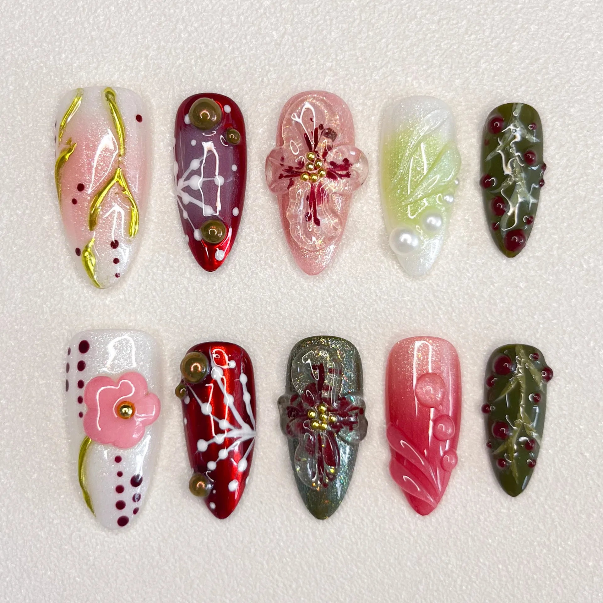 Handmade Manicure Medium Oval Fake Nails Limited Nails Mandarin Duck Floral Press on Nails Design with Adhesive Nail File Set