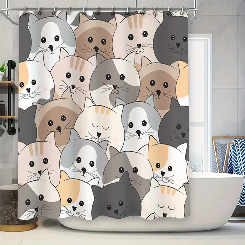 

Adorable Cat Pattern Shower Curtain for Bathroom Decor Modern Cartoon Print Fabric Waterproof Home Decoration Gift Idea