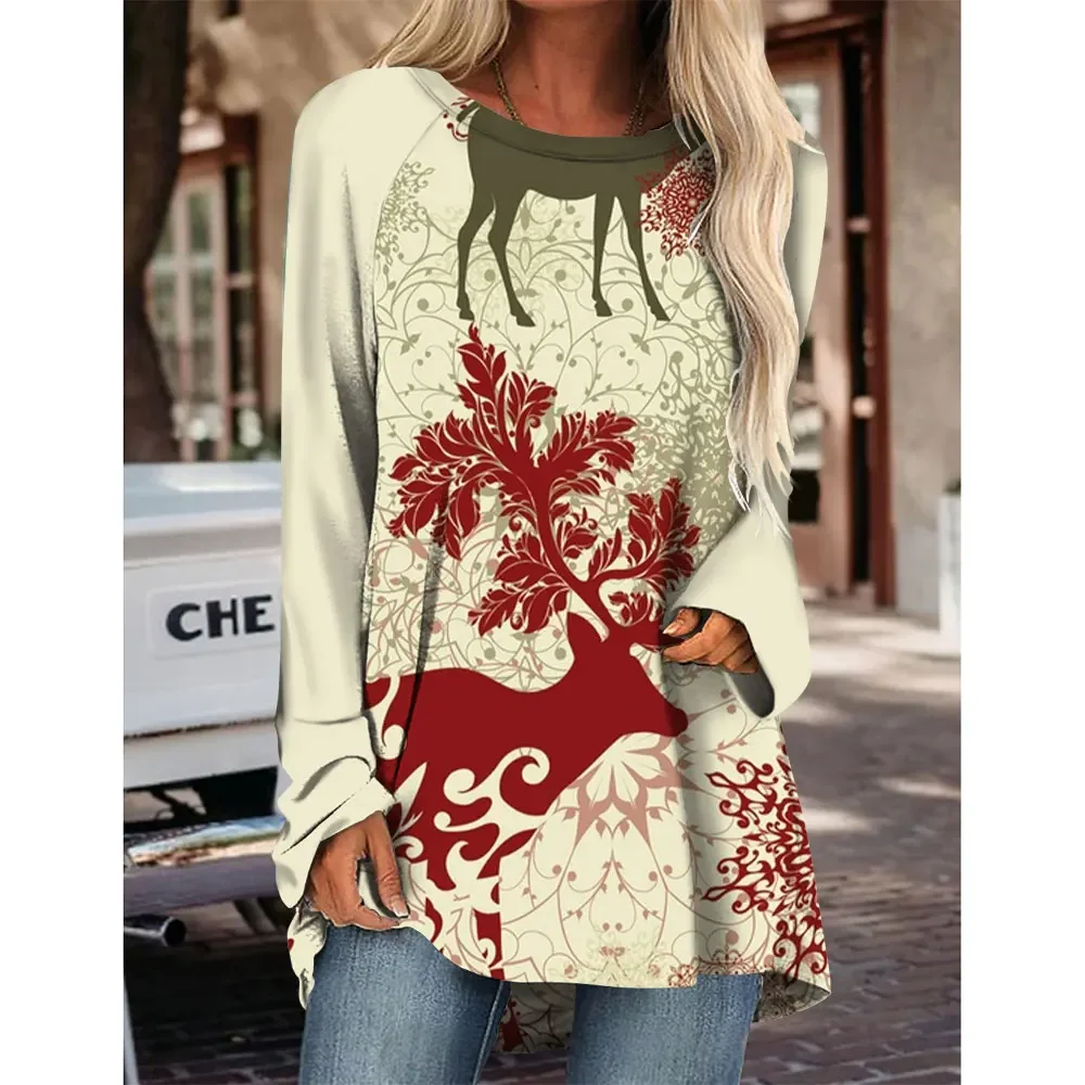 New Christmas Snowflake Round Neck Long Sleeve 3D Printed Imitation Cotton Elegant Top T-Shirt Spring Women\'s Bottoming Shirt