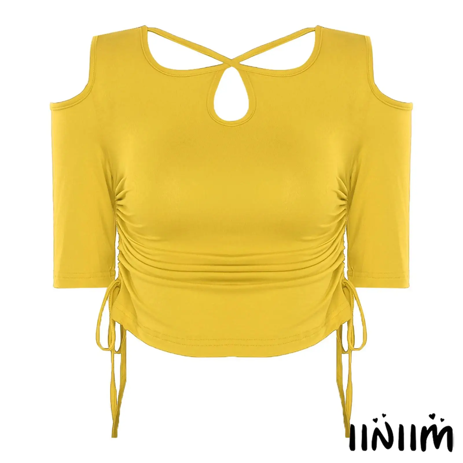 

Women Fashion Daily Casual Top Shirt Crossing Straps Cold Shoulder Half Sleeve Side Cropped Top Salsa Latin Belly Dance Clothing