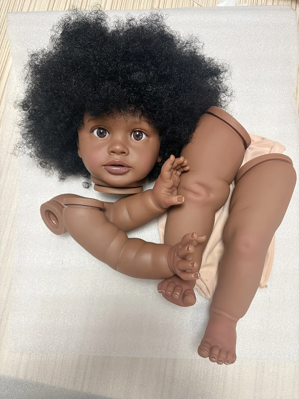 NPK 26inch Unfinished Doll Reborn Pippa Hand Painted Dark Skin DIY Doll Parts with Cloth Body Implantation Black Curly Hair