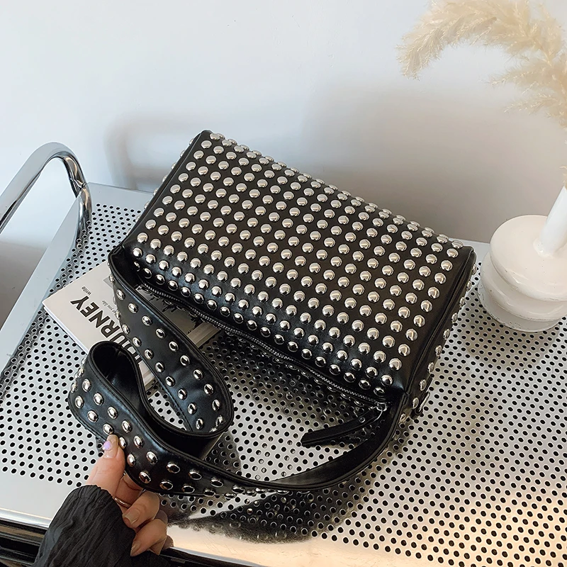 

Belt Hasp Motorcycle Crossbody Bag For Women Fashion Underarm Handbag And Purse Famous Designer Rivet Studded Shoulder Bag
