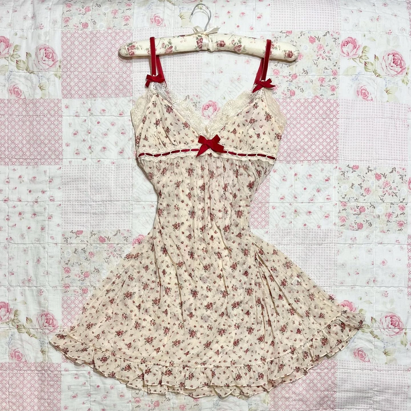 Garden Sweet Lace Flower Fairy Dress A-Line Dress French Elegant V-Neck Bow Cute Sexy Ballet Vacation Style Y2K Slip Dress