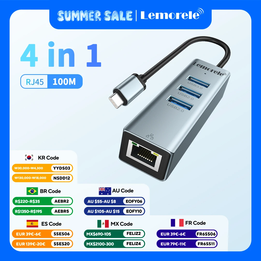Lemorele TC43L Type C Docking Station USB 2.0 hub data transfer 4-in-1 ports gigabit Ethernet RJ45 USB A adapter for MacBook