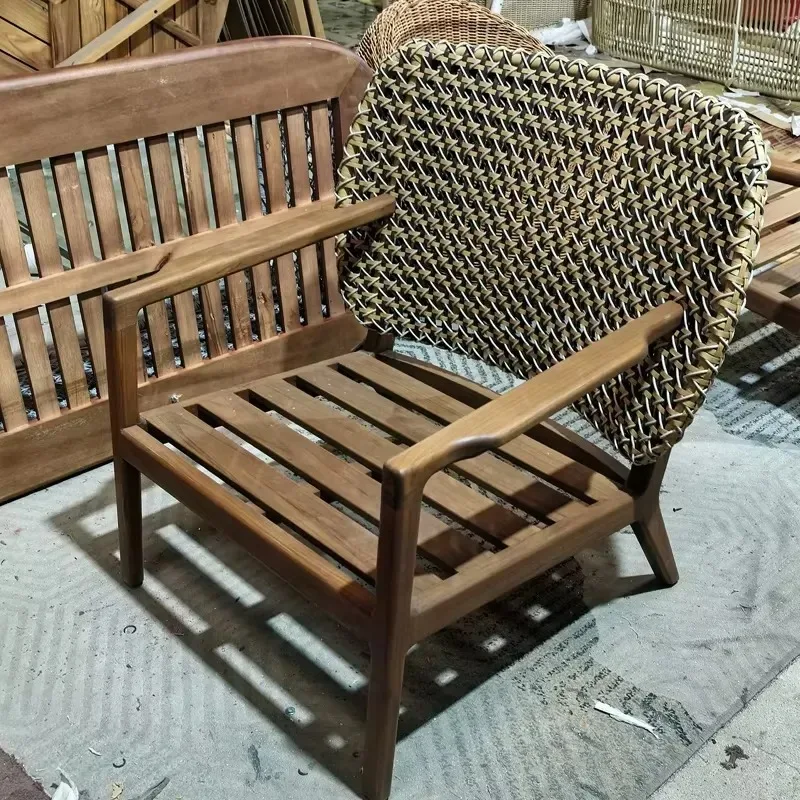 Modern Teak Rattan Outdoor Sofa Set for Villa Hotel Terrace Garden Courtyard Solid Wood Furniture