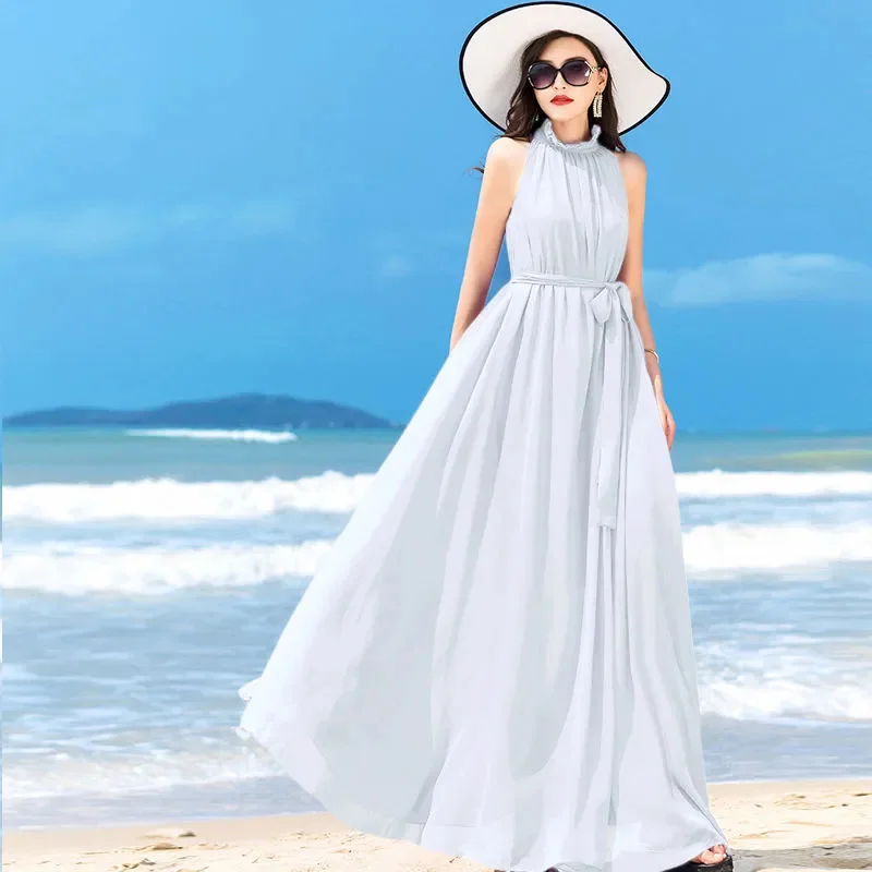 Zielone długie sukienki damskie 2025 New Bohemian Solid Chiffon Dress Holiday Beach Summer Elegant Ladies Big Swing Dress White Red