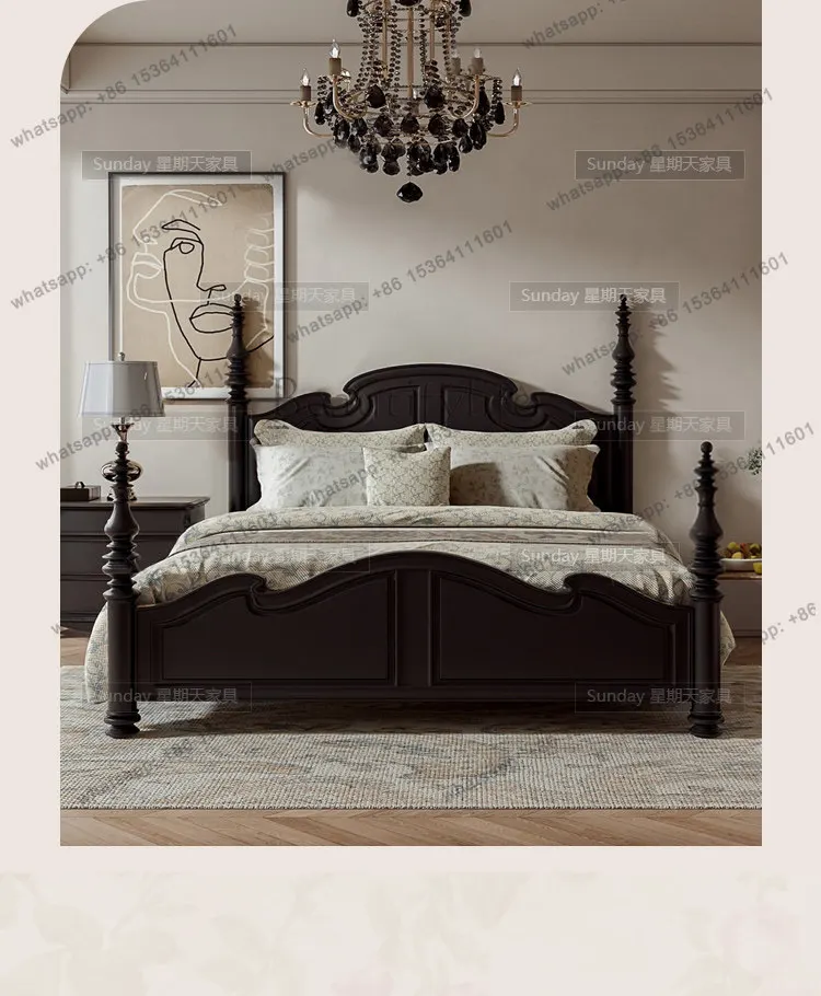 French Superior Black Solid Wood Bed European Atmospheric Roman Column Double Bed Modern Simplicity