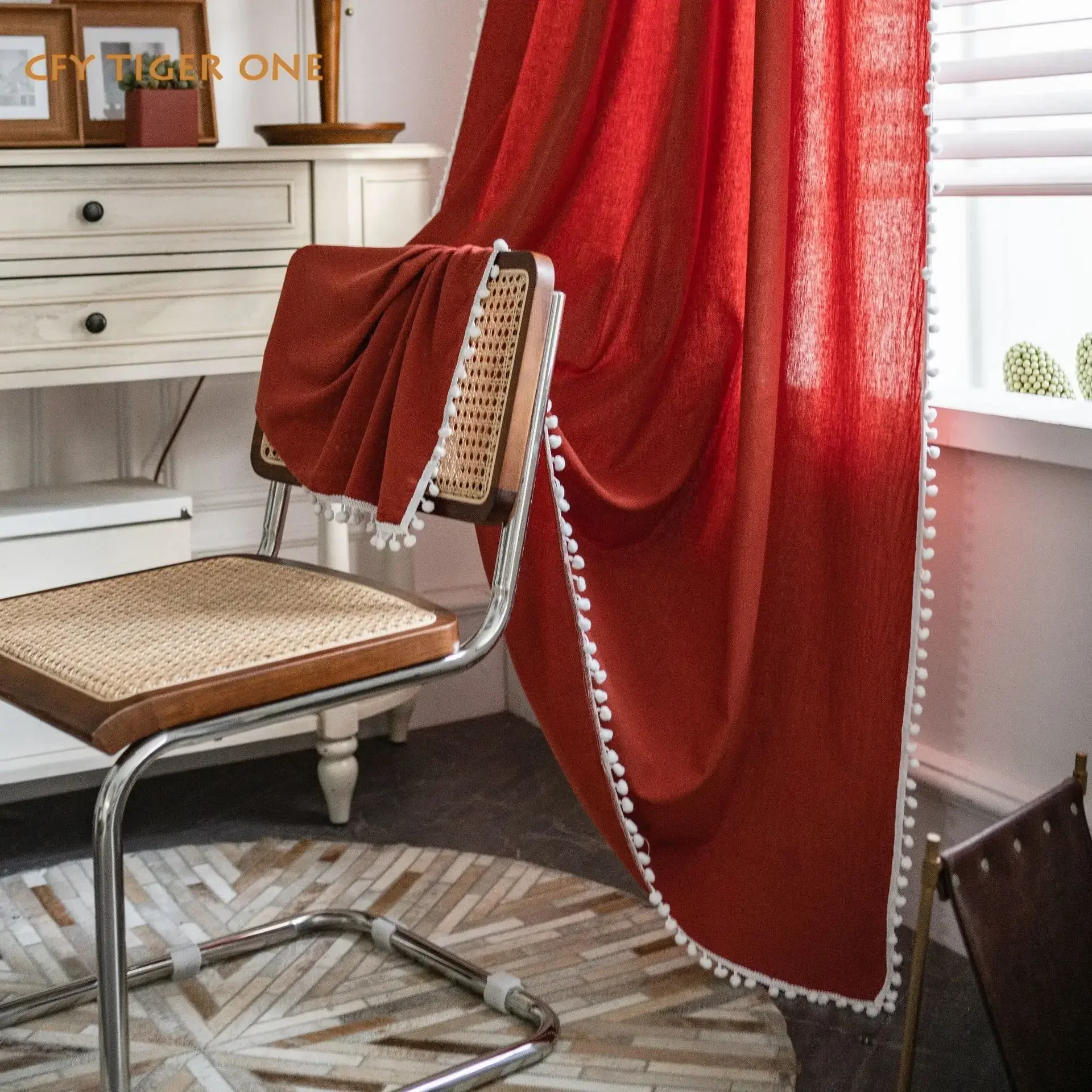 

Solid Color Curtain Thick Blackout Translucent WhiteTassel Curtains for Living Room American Vintage Drape Kitchen Valance