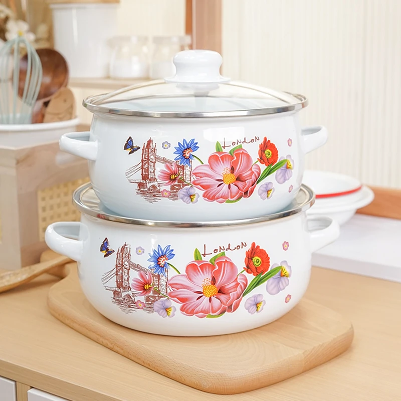 Enamel Soup Pot Kitchen Retro Pastoral Flowers Cookware Large Capacity Binaural Soup Tureen Universal Ramen Bowl with Glass Lid