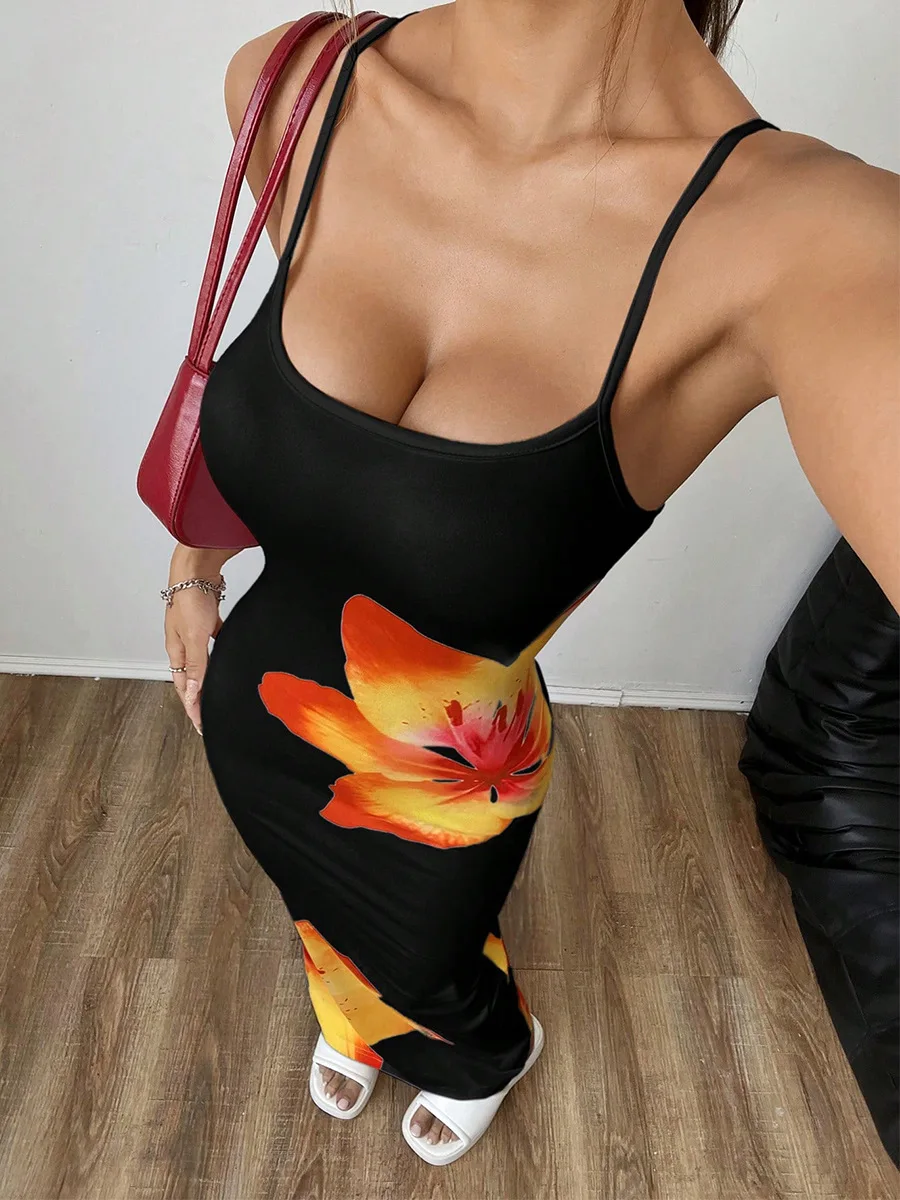 Femmes imprimé fleuri Spaghetti sangle sans manches moulante longue robe vacances d'été plage vacances soirée Sexy robes de soirée