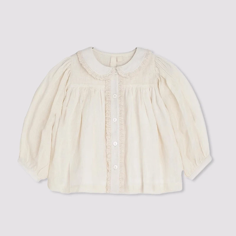 Mädchen Retro Spleißen Spitze Baumwolle Leinen Shirts Herbst Neue Revers Puppe Strickjacke Süße Und Niedliche Baby Mädchen Langarm bluse Tops – Detail 23