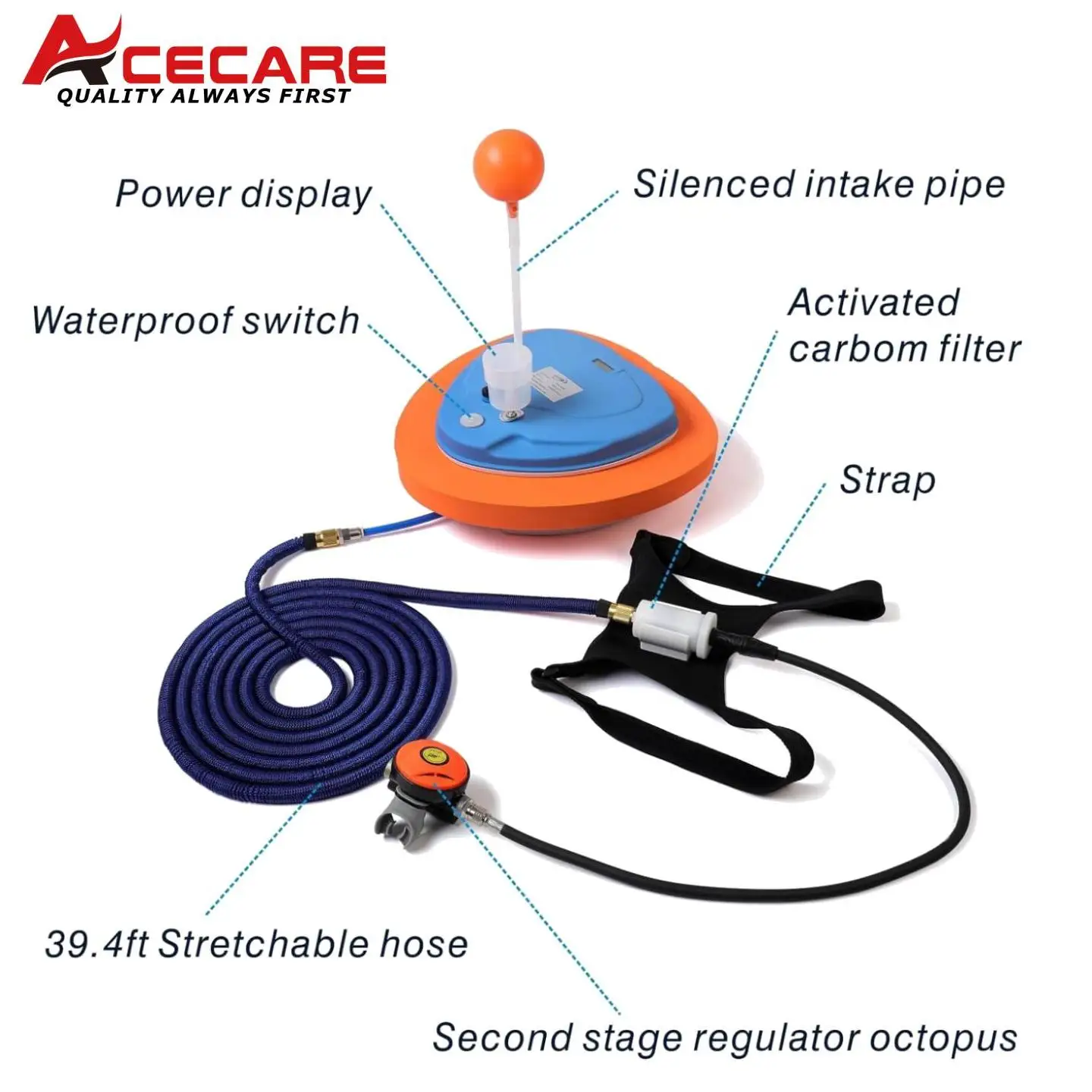 ACECARE Scuba Diving Snorkel Equipment Diving Mobile Ventilator Tankless Waterproof Portable Rechargeable Underwater Snorkel 12M