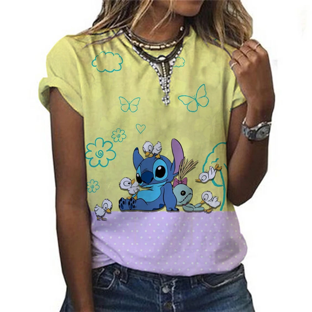 Kawaii Lilo Stitch Print T-shirts Tops for Women Lady Summer Children T-shirts Casual O-neck Ohana Stitch Disney T-shirts