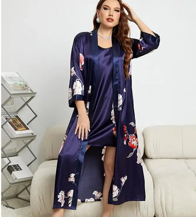 XL-5XL Large Size Bathrobe Gown Suit Summer Women Sleepwear Nighty&robe Set Nightwear Nightgown Satin Home Dress Lounge Wear