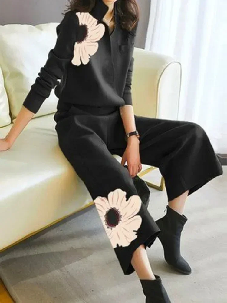 UOOZEE Women Fashion Floral Printed V-Neck Cardigan Tops & High Waisted Straight-leg Pants Suits Casual Two Piece Sets 2025 New