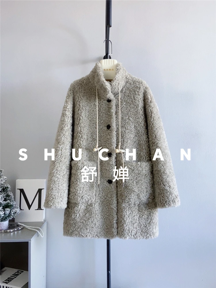 معطف صوف 100% للنساء جديد دافئ من صوف الضأن والفرو المتكامل بياقة واقفة وإبزيم معطف صوف متوسط وطويل للنساء #4