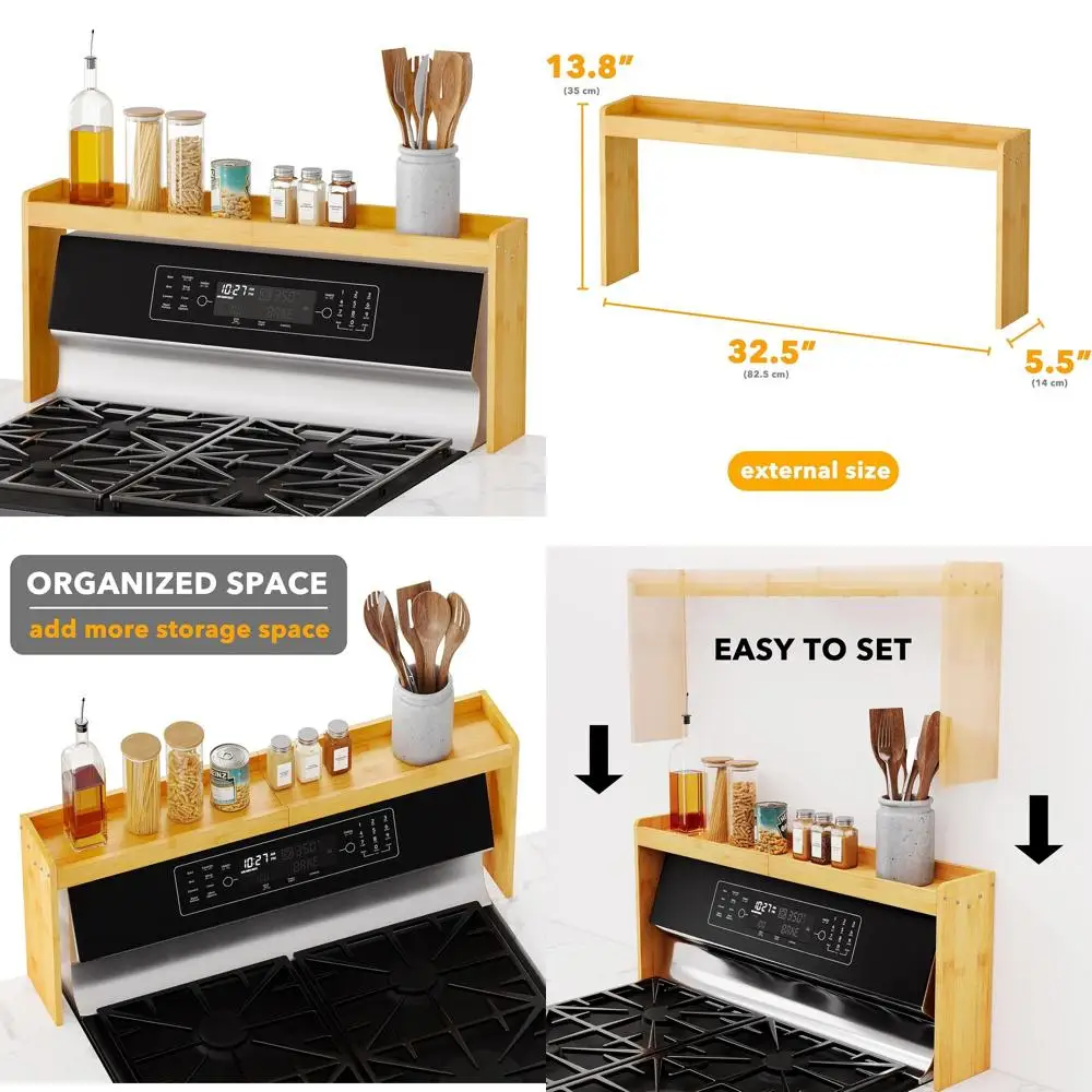 

Natural Bamboo Kitchen Spice Rack, 31.5 Organizer Shelf, 11.6 High, Over Stove Storage Solution
