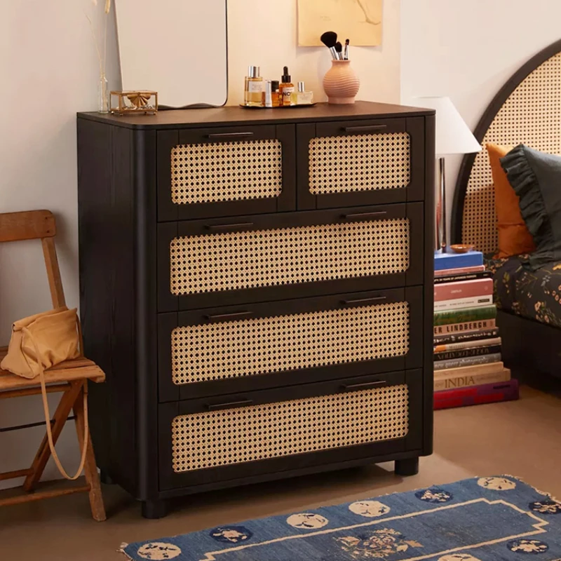 

Retro solid wood rattan woven five bucket cabinet, small unit drawer storage