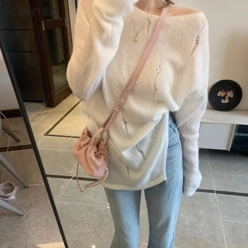 Pullovers Women Solid Hole Design Chic Sun-proof All-match Knitwear Daily Side-slit Leisure Spring Lazy Style Cozy Ins Young