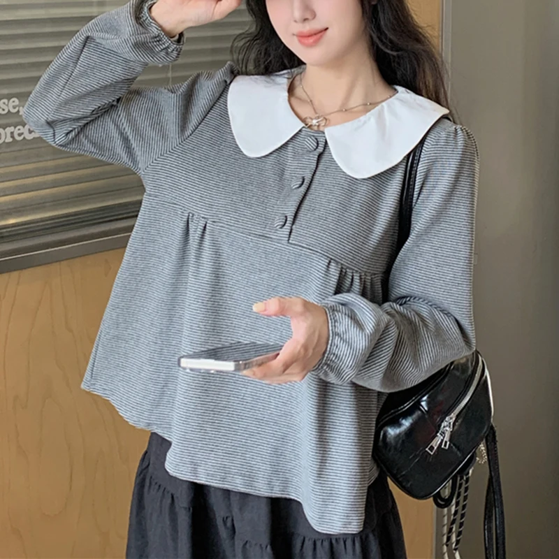 Sweet Peter Pen Collar T Shirt Women Preppy Style Thin Striped Color Block Blouse Autumn Casual Long Sleeve Loose Female Tops