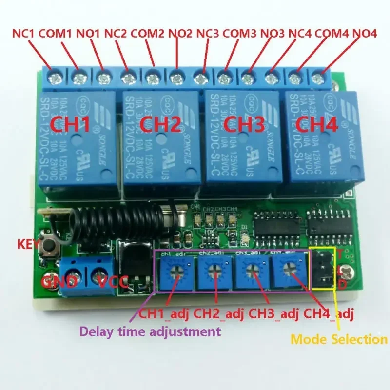 RF22A04*1+CJ003*1 DC12V 4Ch Multifunction 433.92M Wireless Controller Timer Delay Relay RF Switch EV1527 ASK OOK Remote Control