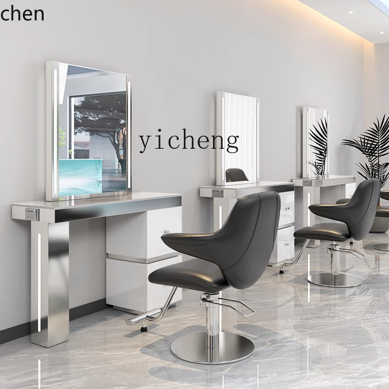 HXL barber shop mirror table marble hair salon mirror table perm and dyeing table cabinet integrated stainless steel hair salon
