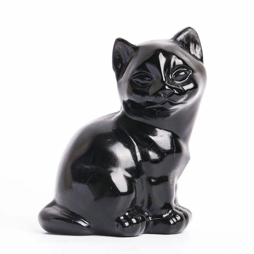 Kristallkatzen-Skulptur, Schwarze Obsidian-Kristall-Katzenstatue, Sitzende Katze Tier-Kristall-Skulptur aus Stein