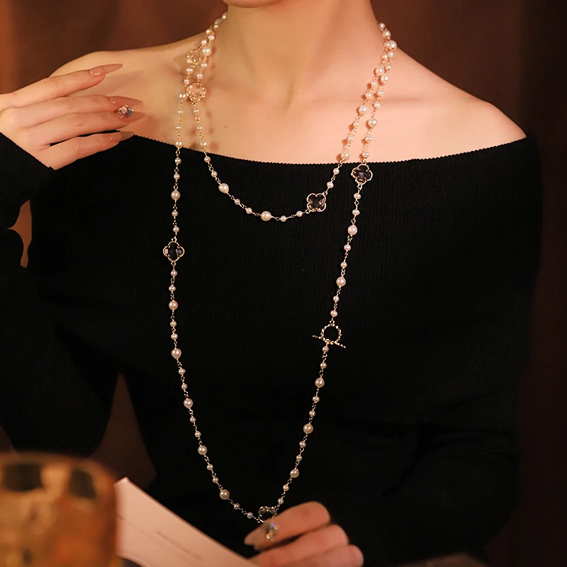 

Натуральный пресноводный жемчуг, стекло клевера, длинная цепочка для свитера, инкрустированная цирконом, роскошный дизайн, ожерелье, женские украшения GN0830