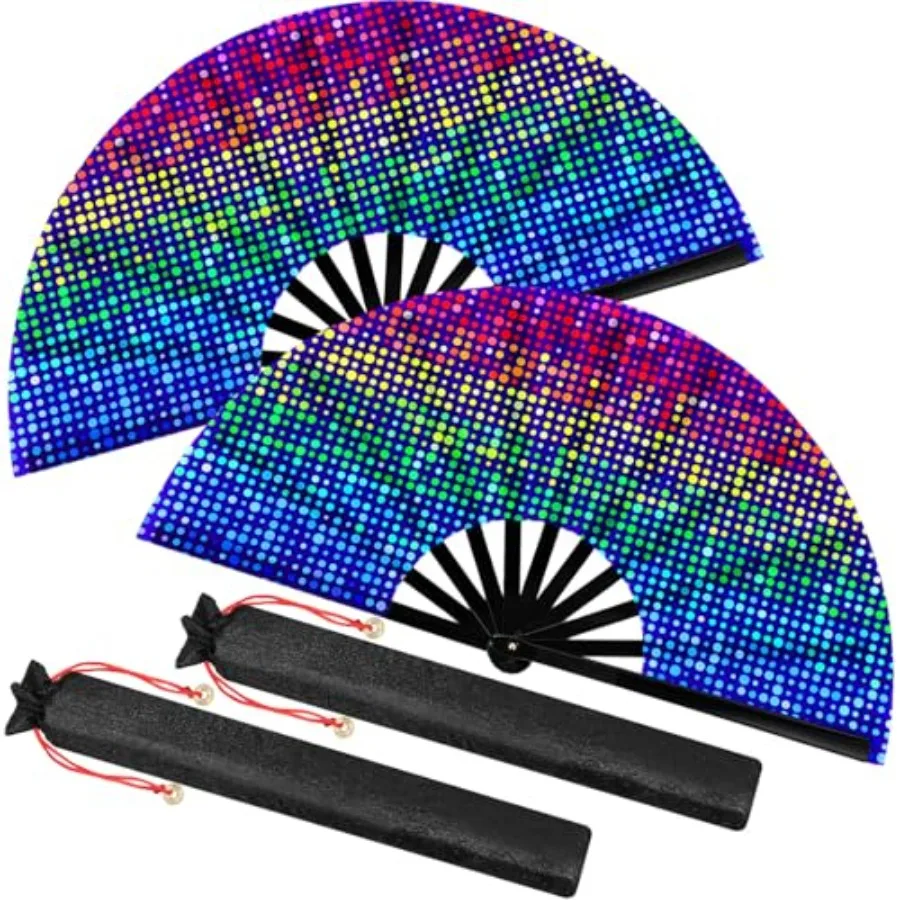 2 Pcs Large Rave Folding Hand Fans for Men Women Festival Fan Chinese Foldable UV Glow Fan with Bags for Line Dancing, Kungfu,