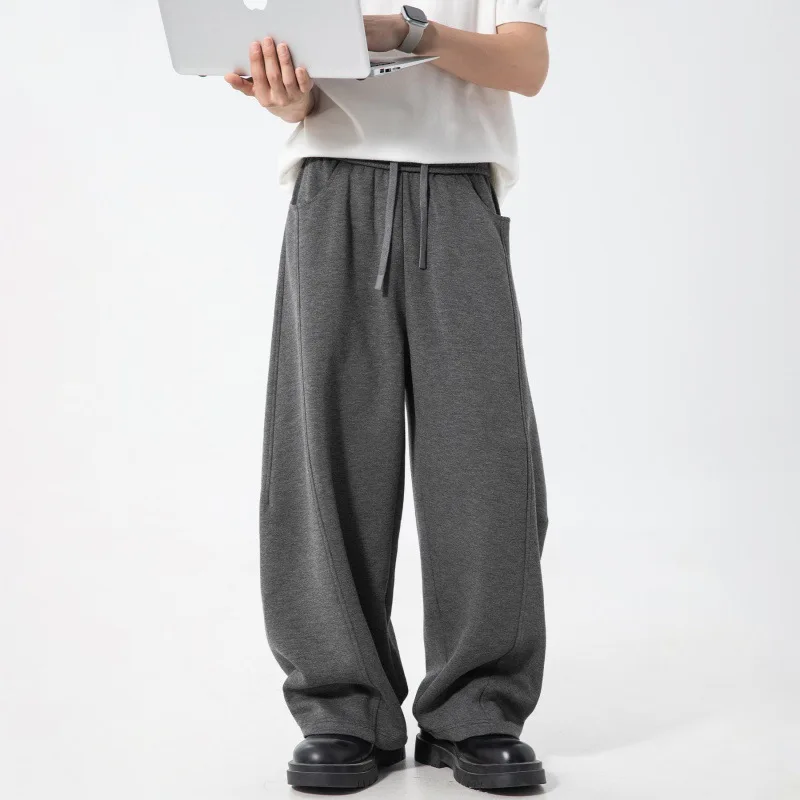 

American 2025 Fashion Spring Autumn Men's Casual Trendy Solid Color Loose Wide Leg Drawstring Sweat Pants Male Clothes Trousers