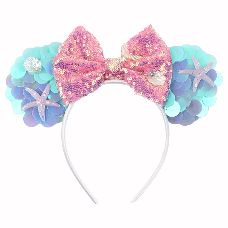 Mermaid Disney Mickey Mouse Ears Headbands Minnie Hair Sequins 5“Bows For Women Festival Hairband Girls Hair Accessories Cosplay