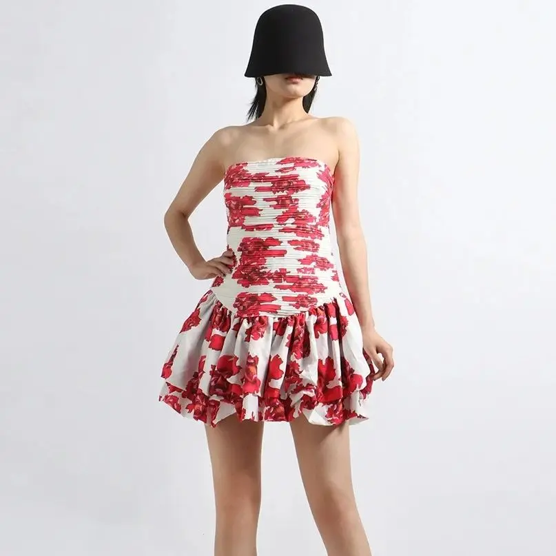 

Summer Spliced Folds Slimming Dresses For Women Strapless Sleeveless Backless High Waist Print Mini Dress Female Fashion Style