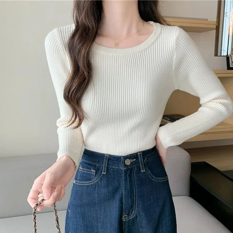 

Sueter Feminino Long Sleeve Knitted Sweater Women Pullovers Fashion Slim O-Neck Knit Sweater Pullover Women Tops Knitwears Q3321