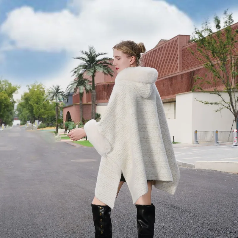 Zxryxgs 2025 nova moda gola de pele do falso xale quente cardigan meados longo solto casaco grosso versátil com capuz outono e inverno xale