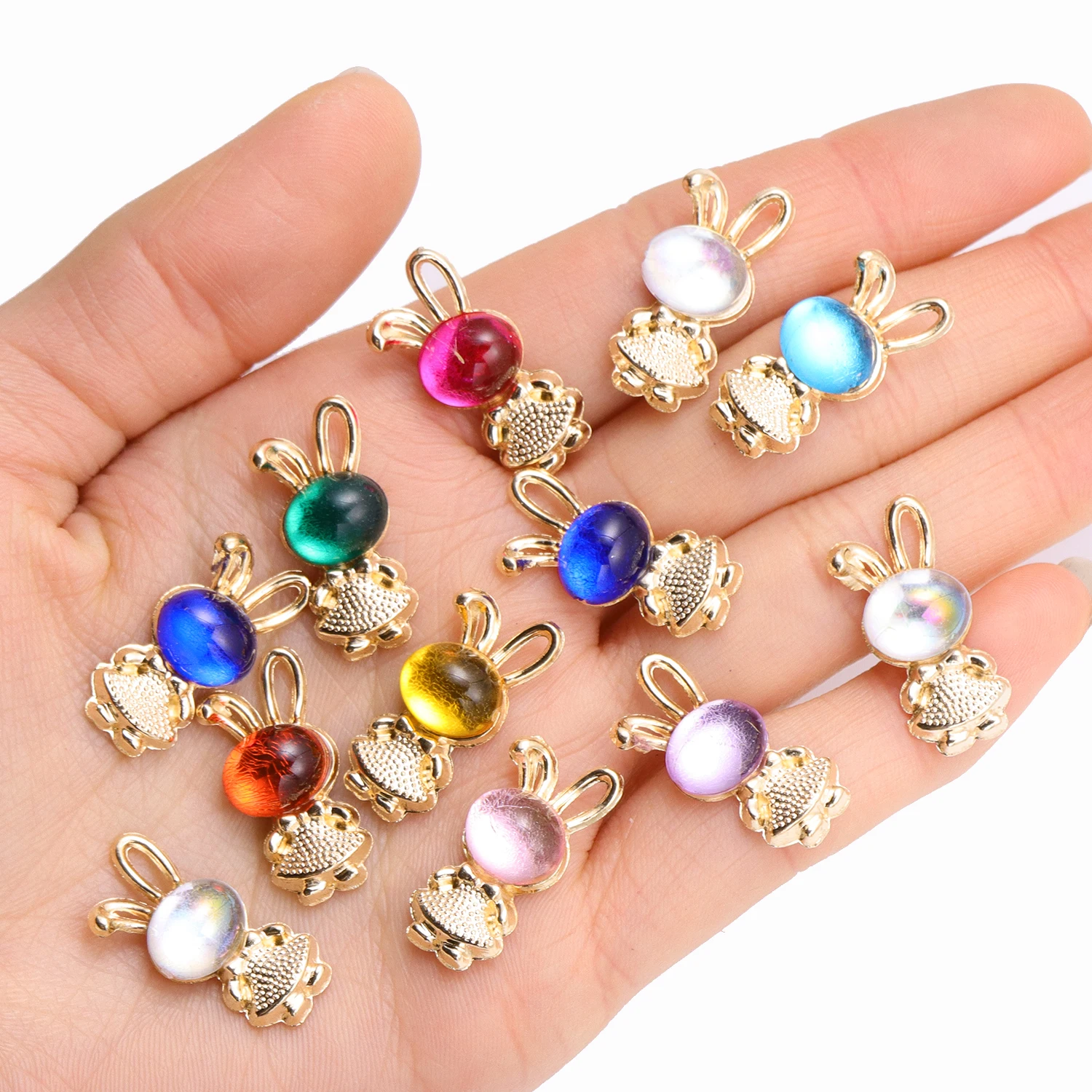 10Pcs Mix Multi Coloured Cartoon Crystal Rabbit Pendants Gold Color Metal Charms For Jewelry Making DIY Earrings Necklace Crafts view 2