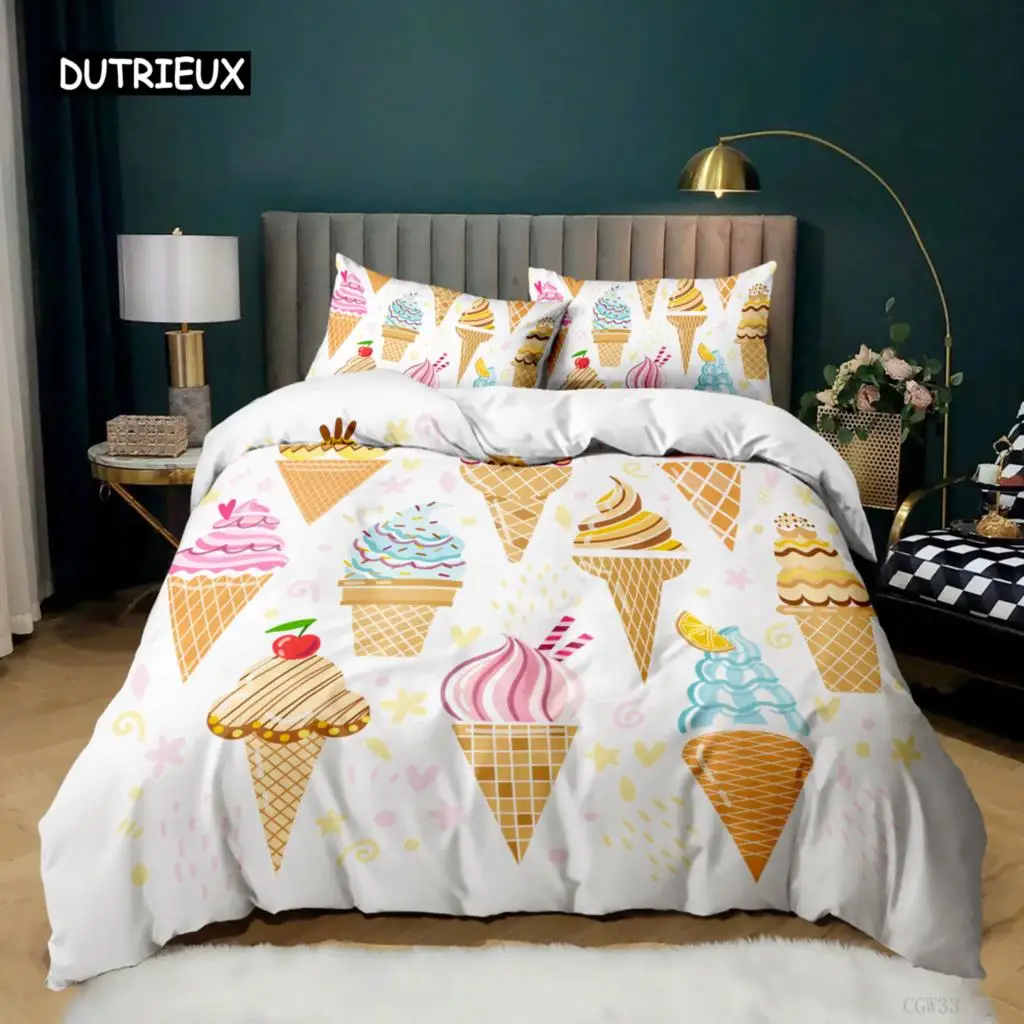 

Ice Cream Duvet Cover Set Colorful Ice Cream Sweet Style Bedding Set for Kids Girl Microfiber Summer Queen King Size Quilt Cover