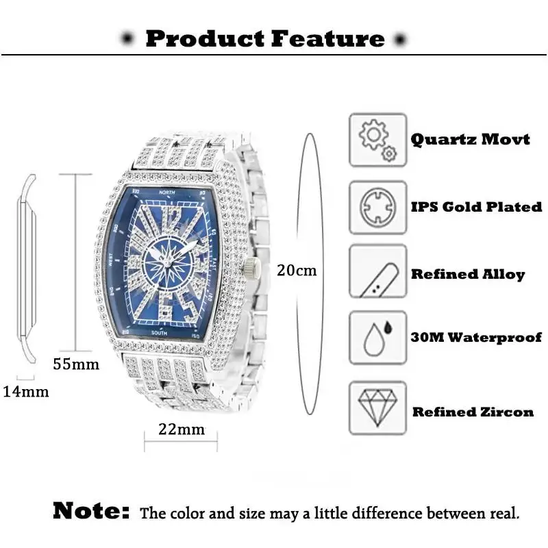 UNIGUET Fashion Iced Watch For Men Luxury Stainless Steel Quartz Watch Man Hip Hop Diamonds AAA Jewelry Wristwatch 2024 Hot Sell