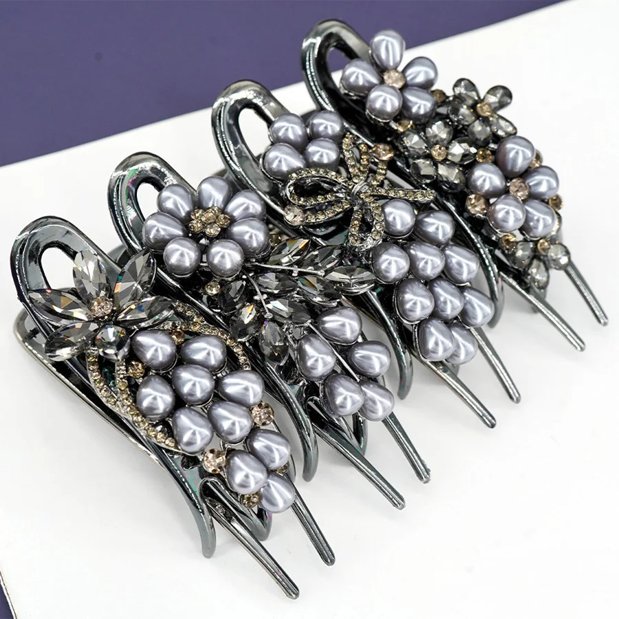 

New Korean high-end grabber women's gray pearl glass hairpin headdress, Fashion personality, elegant temperament hair accessory