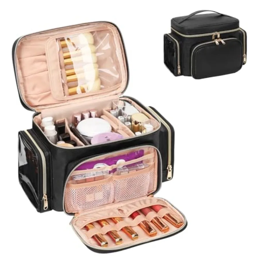 

Makeup Bag, Portable Travel Makeup Bag Organizer for Women Girls with Makeup Brush Compartment and Two Side Pockets, Cosmetic T