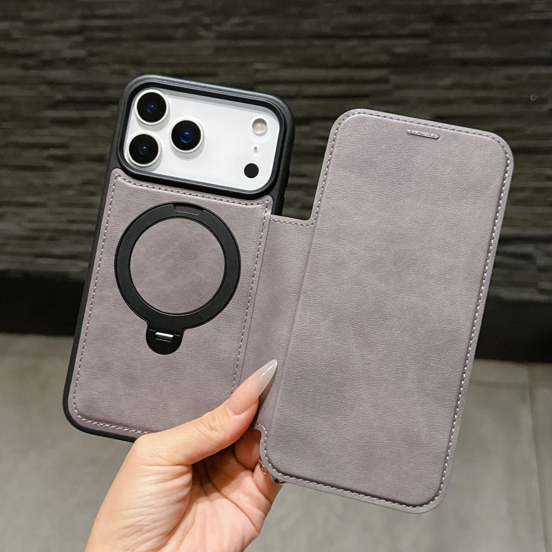 

For ipone 17 16 15 14 13 12 Pro Plus Max 16e Case PU Leather 360° Rotation Metal Stand All-Inclusive Protection Soft Flip Cover