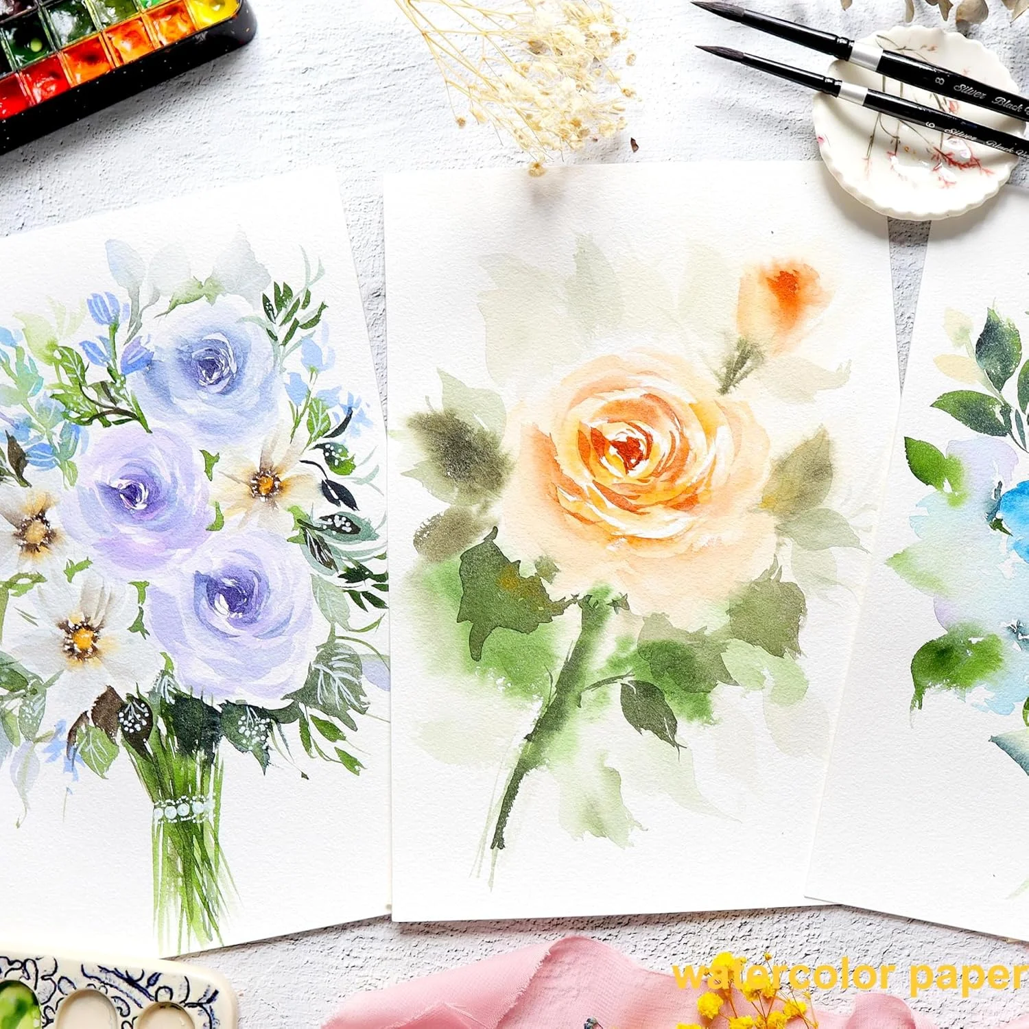 Professional Watercolor Sketchbook 210×210 mm, 300 GSM Rough Paper, Removable Metal Rings, Hand-Painted Dessert Cover, 22 Sheets view 5