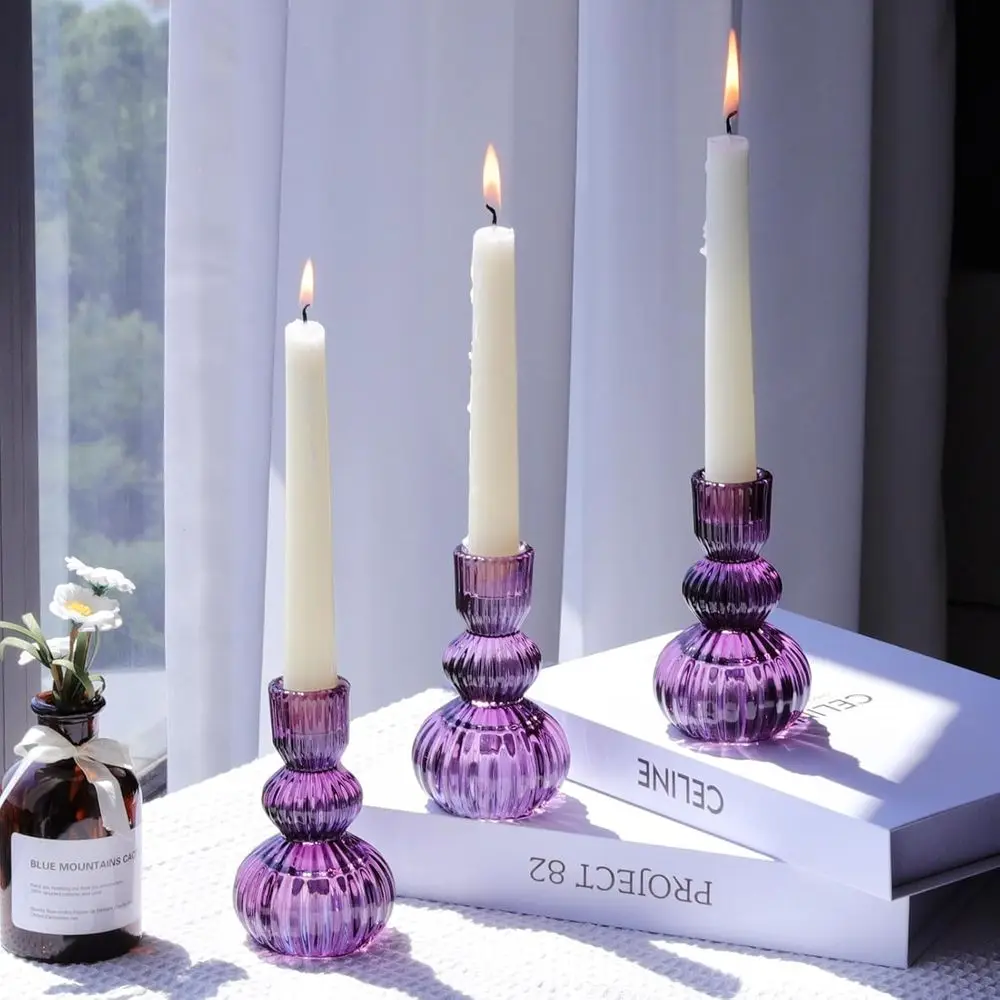 Candlestick Holders Set of 3, 4.3 H Ribbed Glass Taper Candle Holders Bulk for Halloween Decorations, Wedding Table, Vintage Can