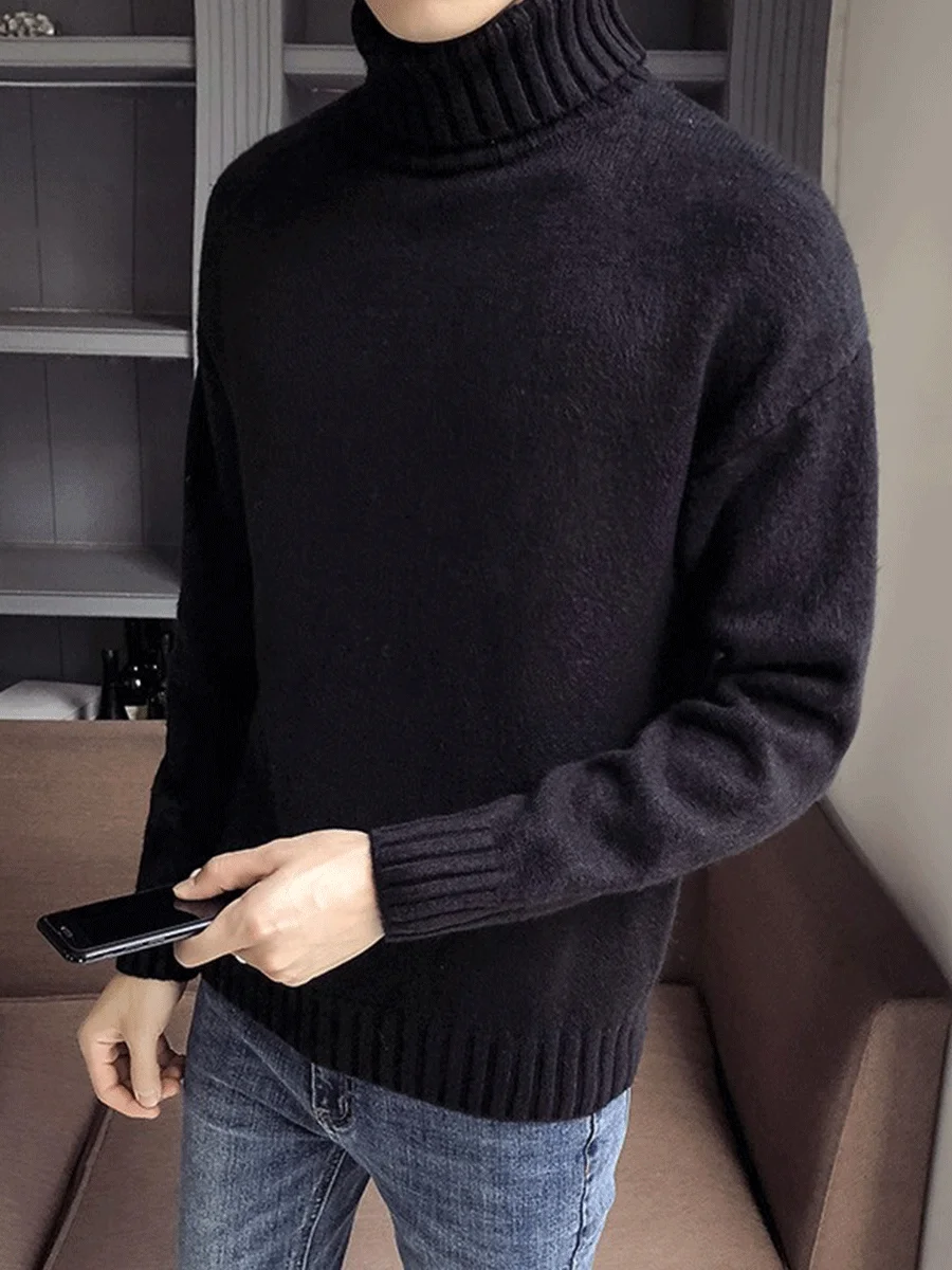 

Men's High Collar Knitwear Winter Thiened Long Ne Loose Fit Comfortable Sle Pullover Sweater Casual Pure Color Polyeste...